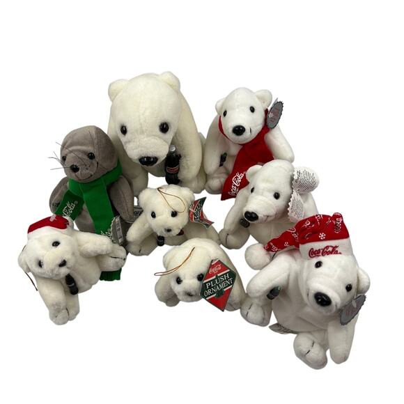 Vintage Lot 8 Coca Cola Polar Bear Bean Bag Plush Seal Christmas Ornaments - Picture 2 of 13